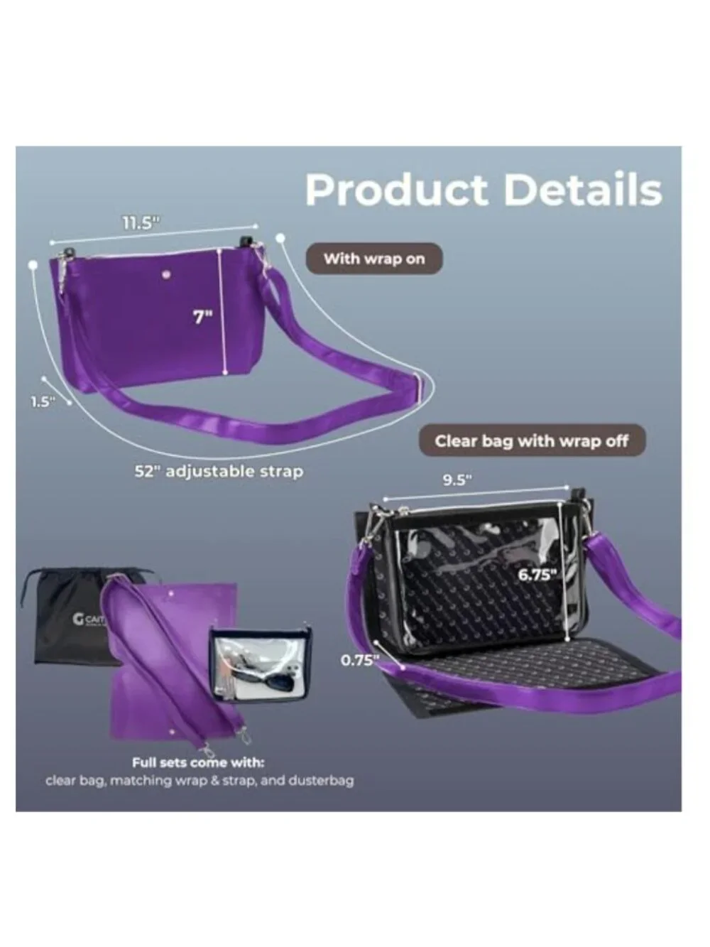Clear Stadium Bag with Privacy Mode Removable Outer Wrap Crossbody